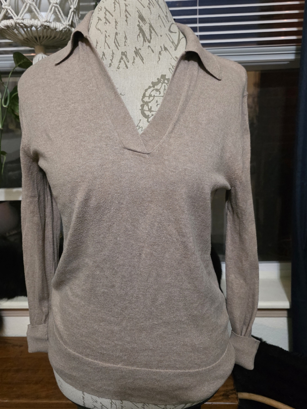 J. Crew Taupe Nautral Staple  Collared V-Neck 100% Cotton Top